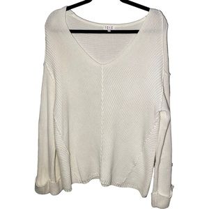 TCEC Women's Small Flare Sleeve‎ Chunky Knit Pullover Sweater V Neck Boho Cream